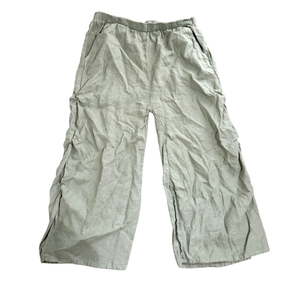 Match Point Sage Green Linen Wide Leg Cropped Pants Elastic Waist Large Coastal